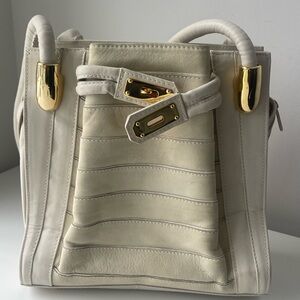 Vintage Cream Leather Shoulder Bag with Gold Accents